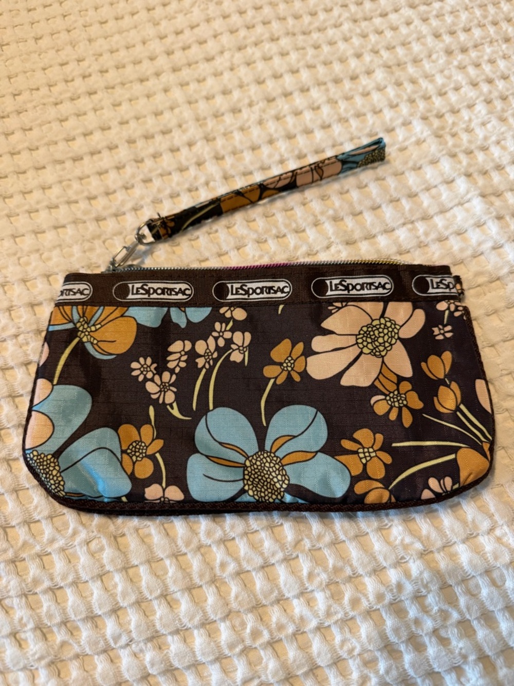 LeSportsac Brown Floral Wristlet with Blue & Mustard Accents